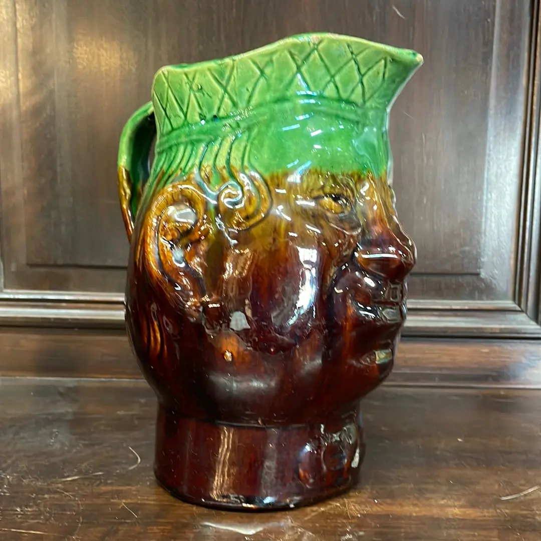Majolica Pitcher With Face Brown And Green 1