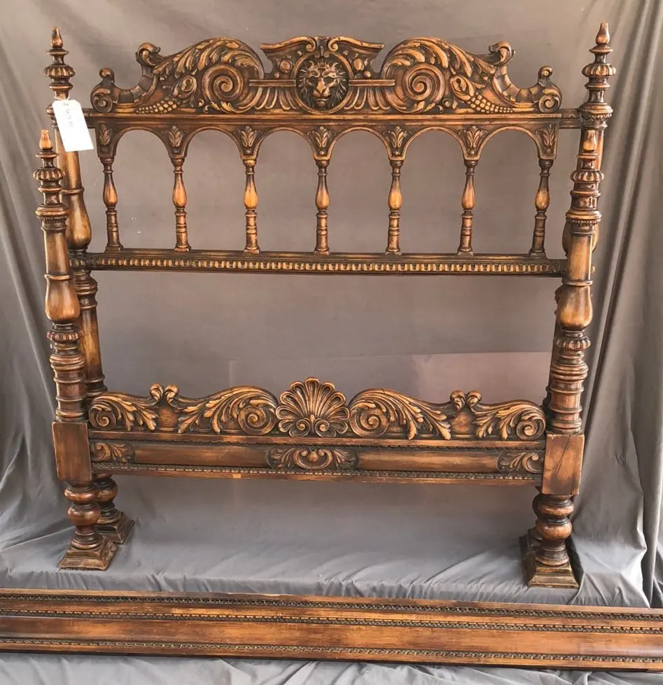 Carved Walnut Belgian 1800'S Bed With Lion Heads 1