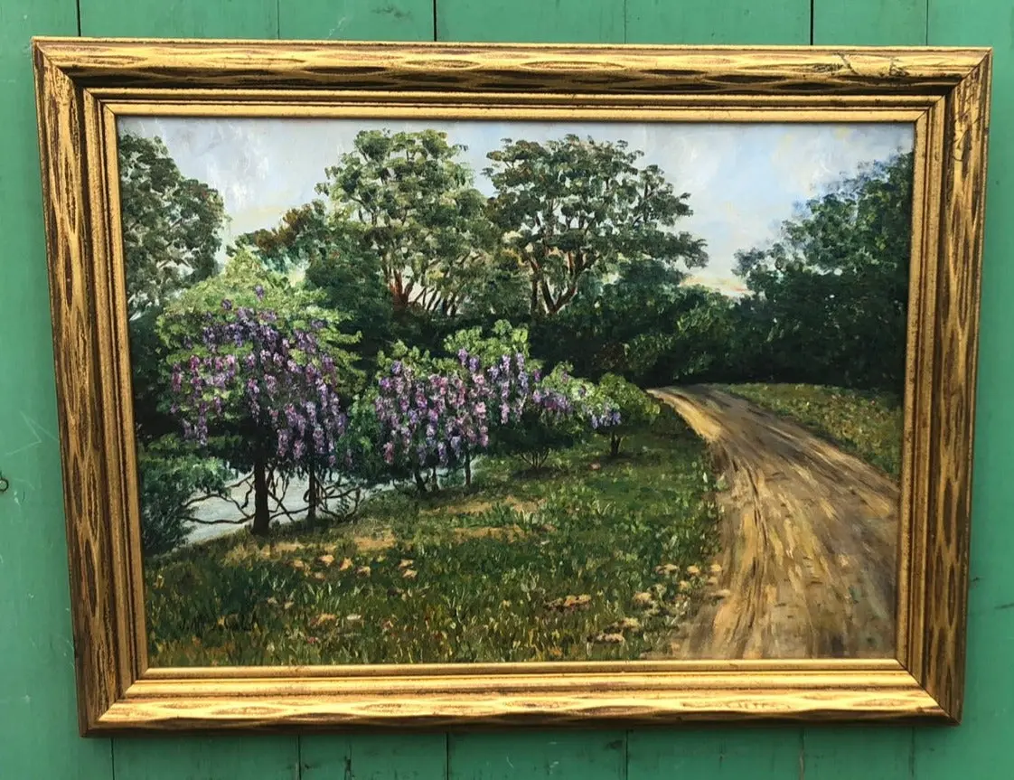 Oil Painting Of A Country Road With Purple Flowering Trees 1