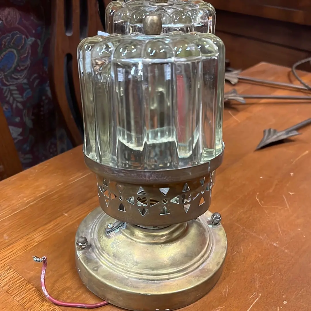Pair Of Small Brass Ceiling Lights With Ribbed Glass Shades 1