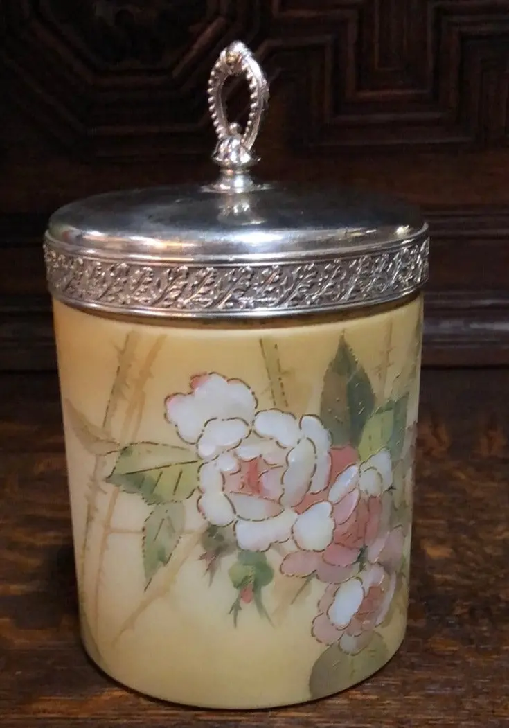 19Th C. Silverplate And Glass Painted Biscuit Jar 1