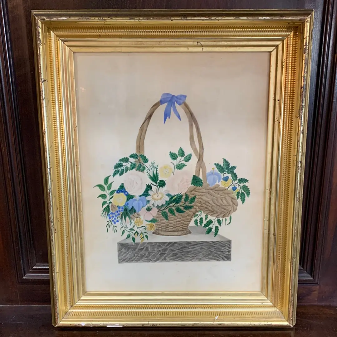 19Th C. Print Of Basket With Flowers In Gilt Frame 1