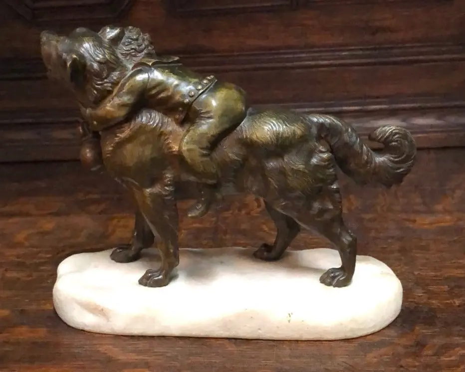 St. Bernard With Child Bronze On Marble 1
