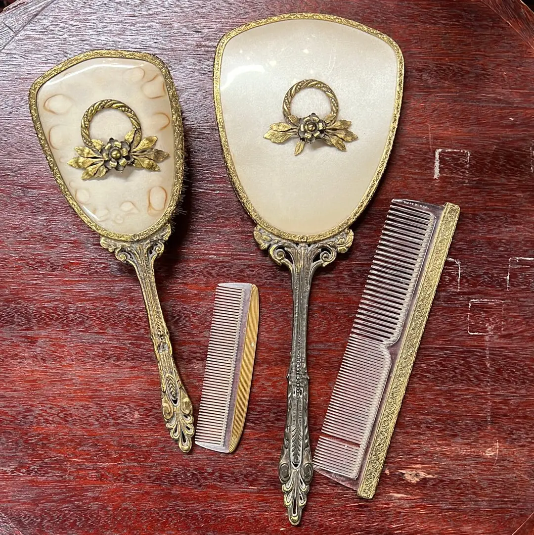 Brass 4 Piece Vanity Mirror And Brush Set 1