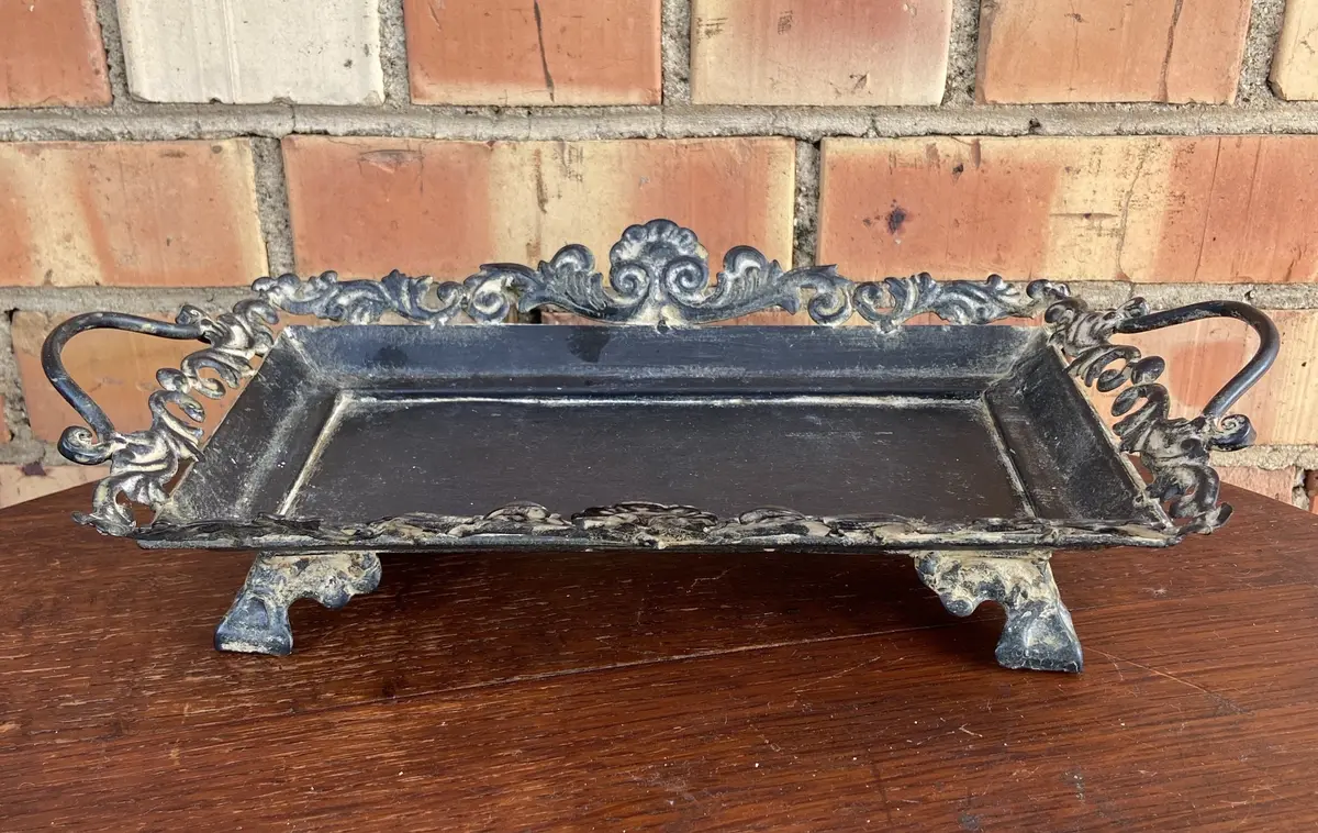 Small Metal Footed Handled Gray Tray 1