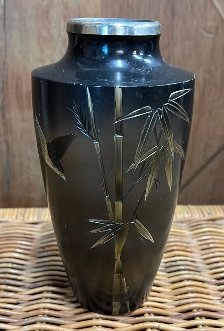 Etched Metal Black And Silver Vase With Bird And Bamboo Design 1