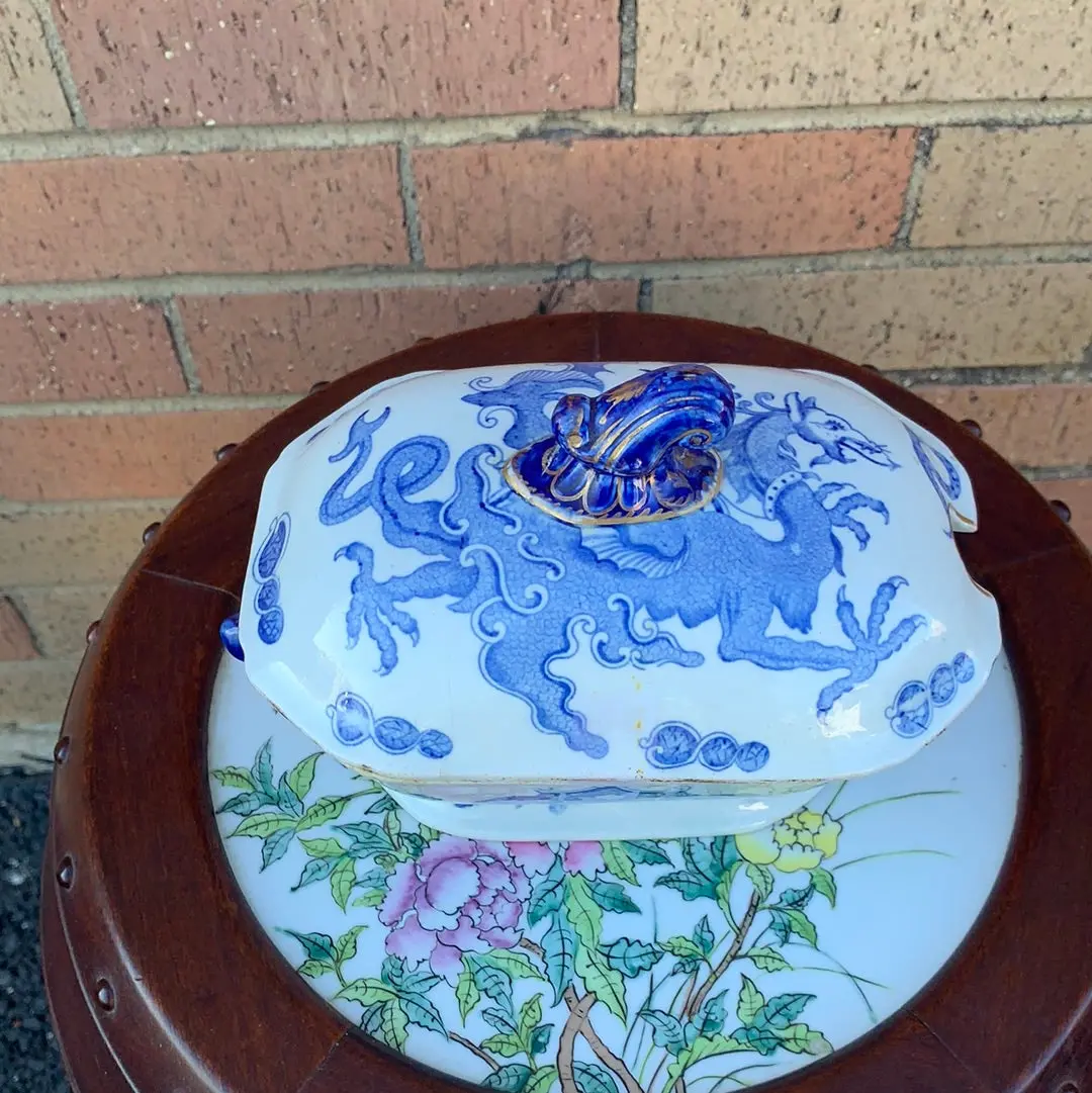 As Found Mason's Ironstone Blue And White Tureen With Dragon 1