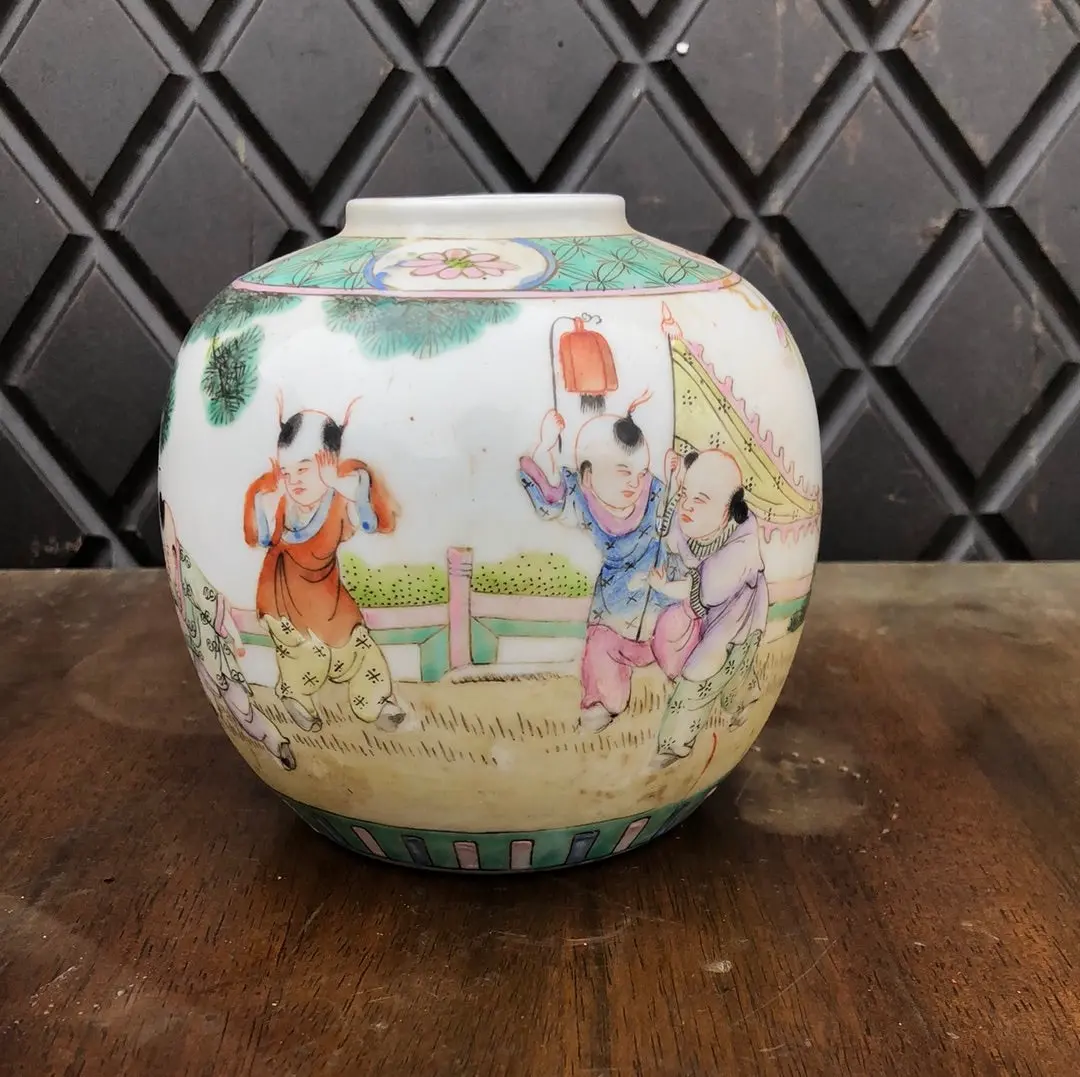 Asian Green And White Jar - No Lid 1