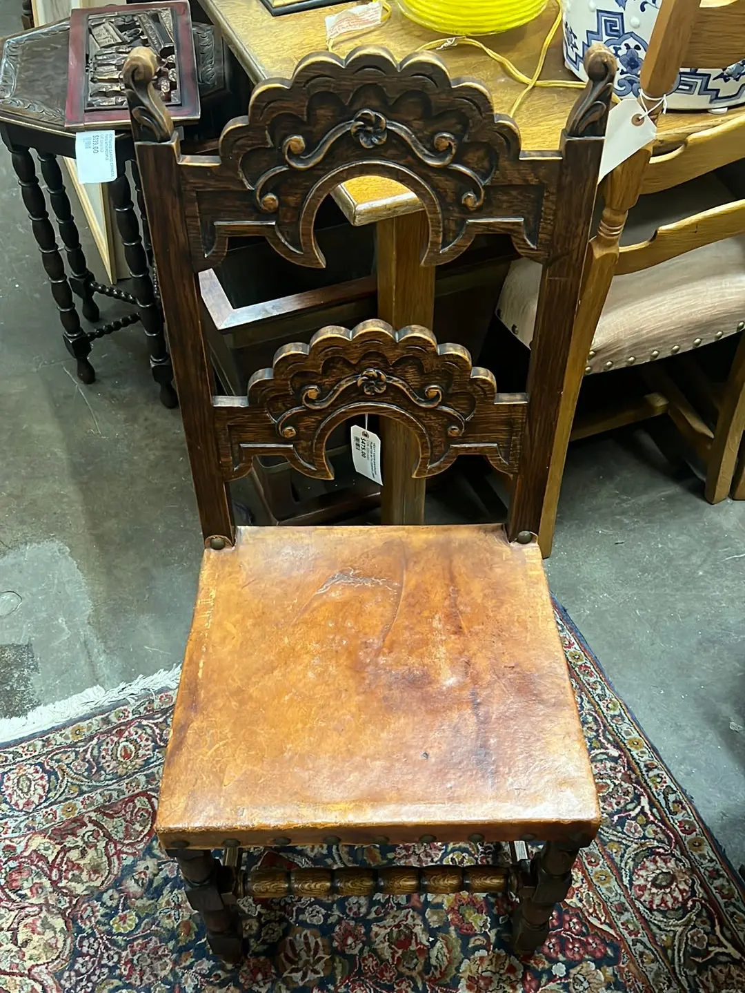 Set Of 6 Carved Oak Chairs With Leather 1