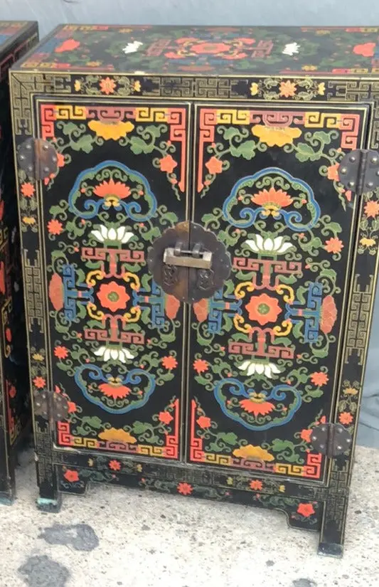 Chinese Floral Black Lacquer Cabinet 1