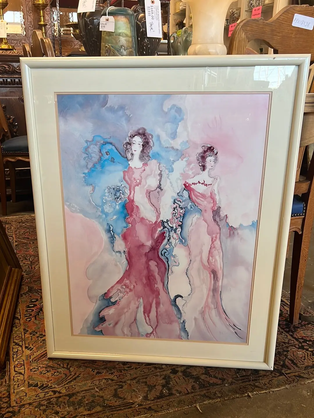 Watercolor Of Two Women In Glass With Cream Color Frame 1