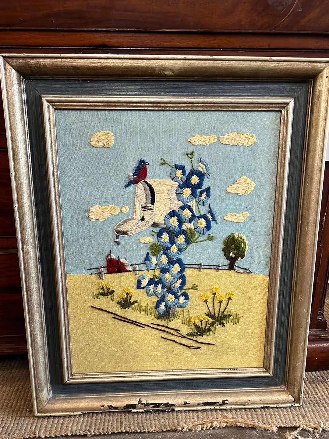 Framed Needlepoint Of Mail Box Flowers And Bird 1