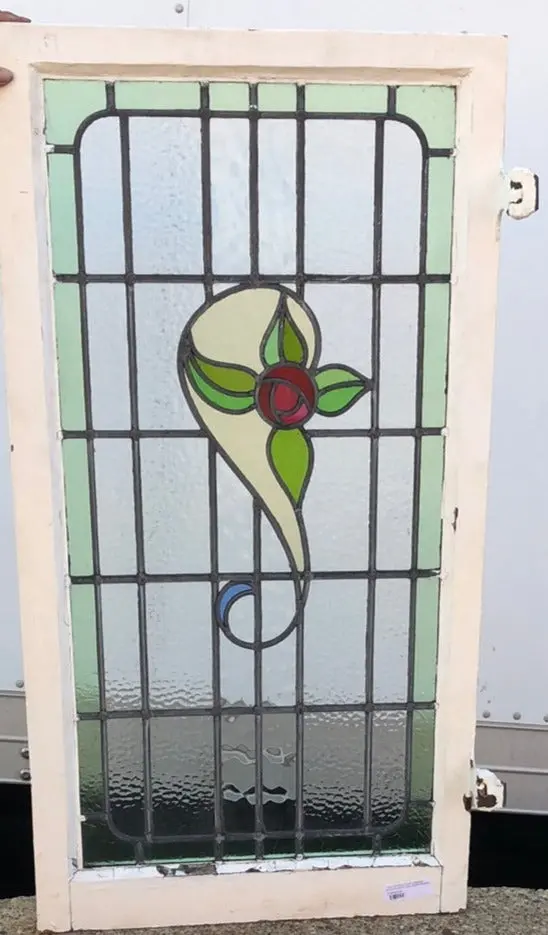 Tall Stained Glass Window With Red Rose And Green Border 1