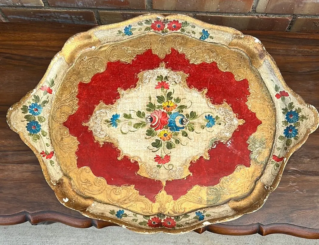 Gold And Red Florentine Tray With Handles 1