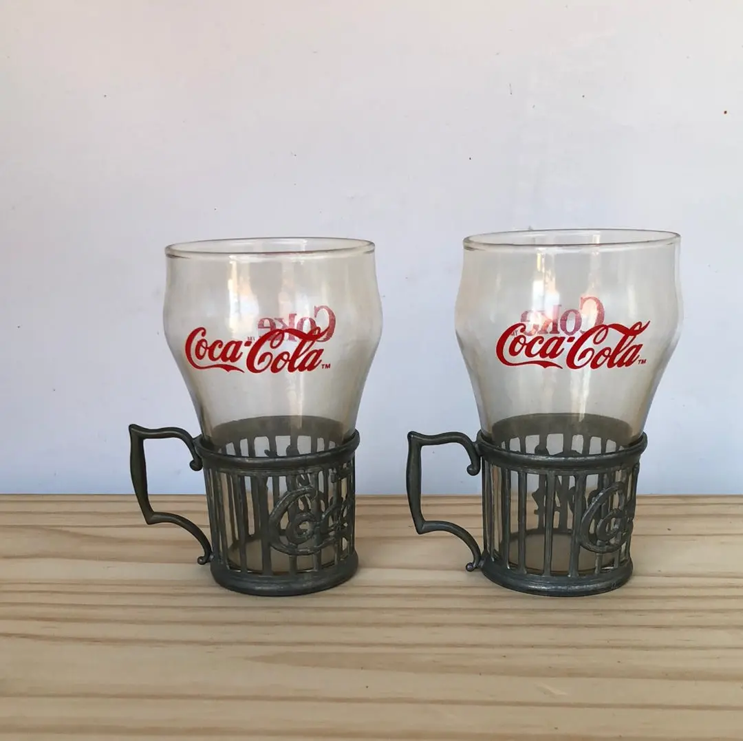Pair Of 12 Ounce Coca-Cola Glasses In Pewter Holders 1