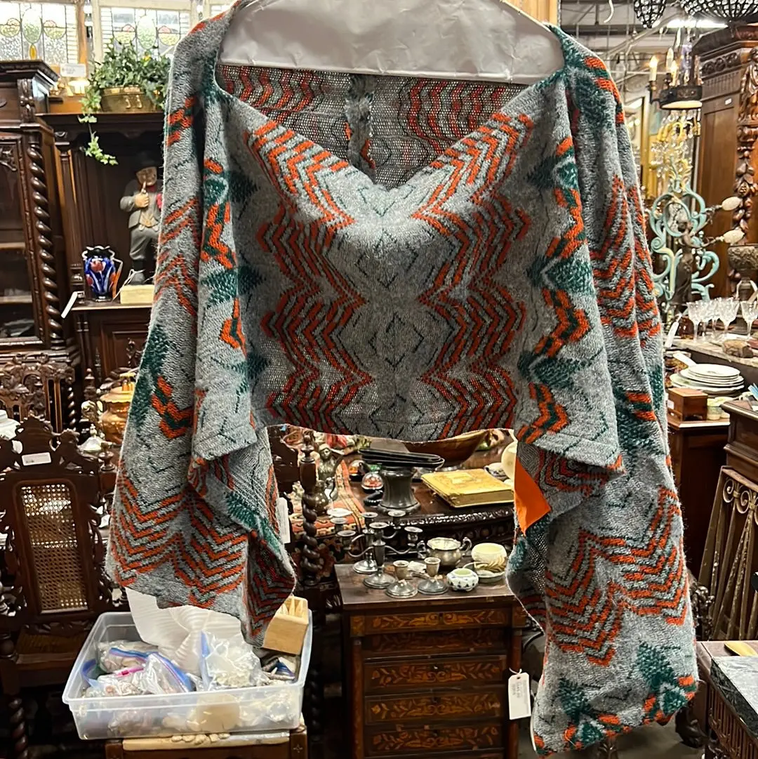 Gray With Green And Orange Abstract Print Sweater/Shawl 1