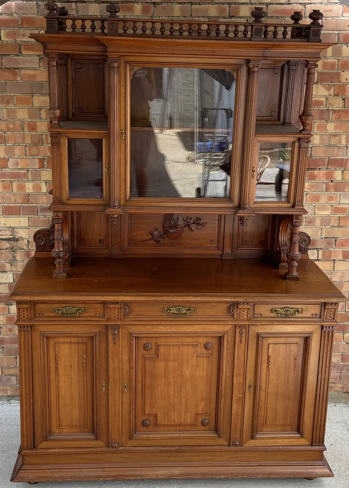 Slashed Price -Each- French Walnut Sideboard With Pomegranite Carved Finials And Upper Glass Vitrine Cabinets 1