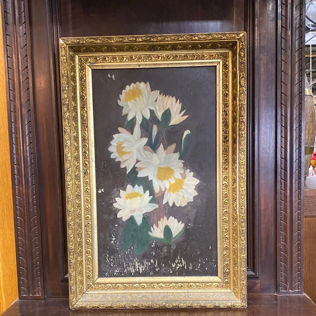 As Found Framed Oil Painting Of White Flowers 1