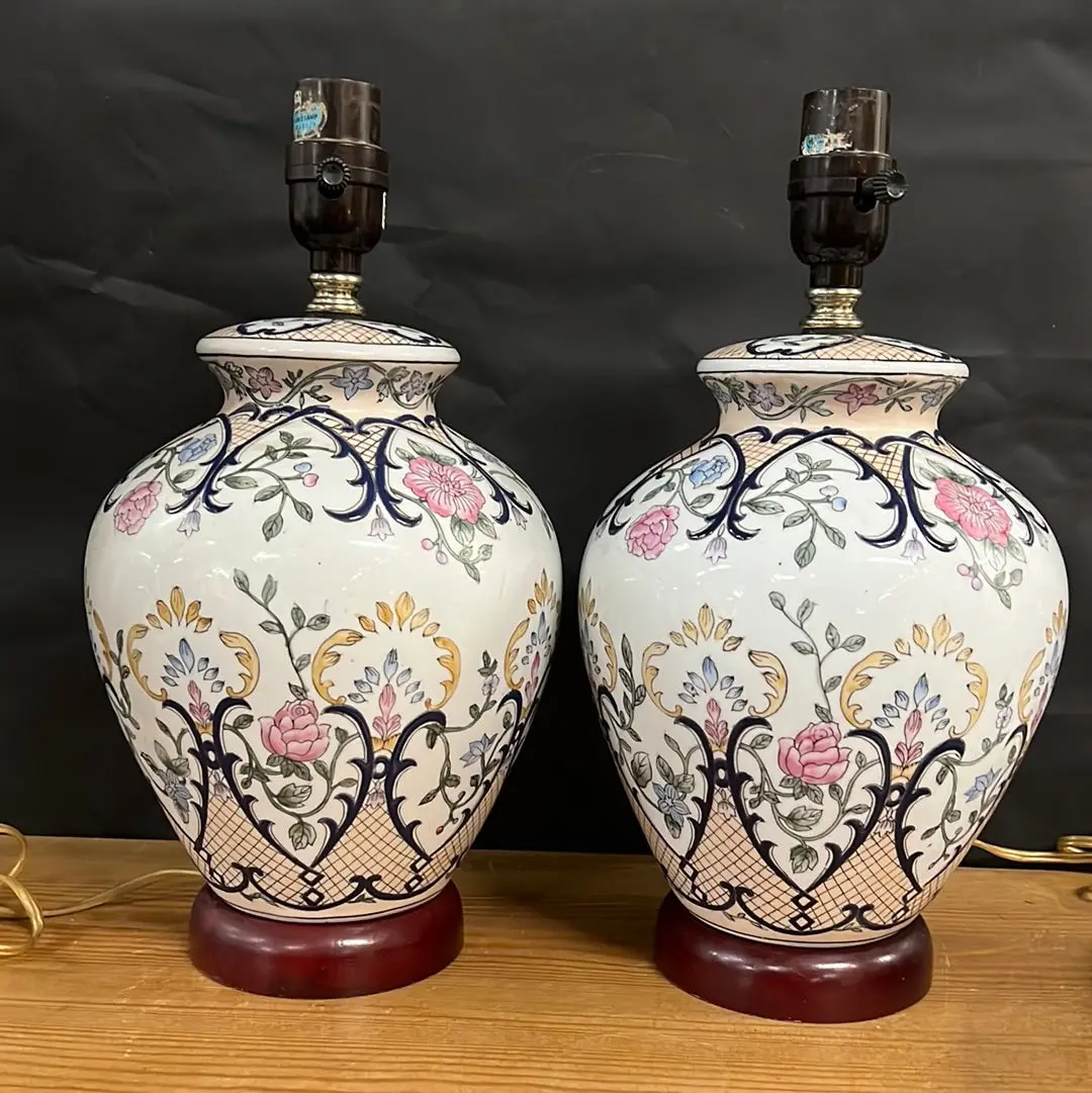 Pair Of Small Hand Painted Floral Asian Porcelain Lamps 1