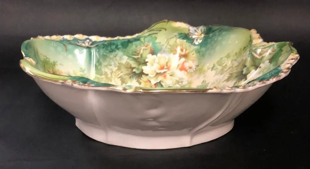 R.S. German Green Hand Painted Floral Bowl 1