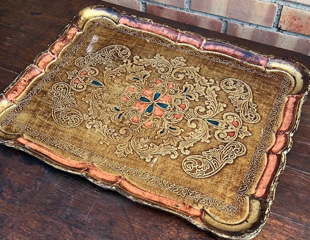 Large Rectangular Gold And Orange Florentine Tray 1