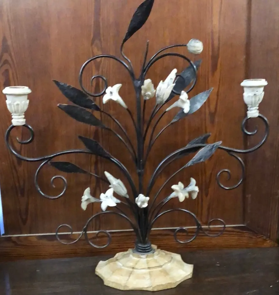 Wood And Iron Flower Motif Candle Stand 1