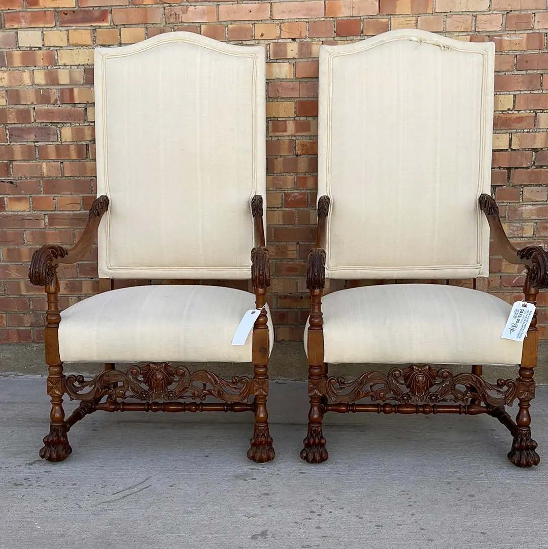 Pair Walnut High Back Paw Feet Arched Fauteuil Chairs 1