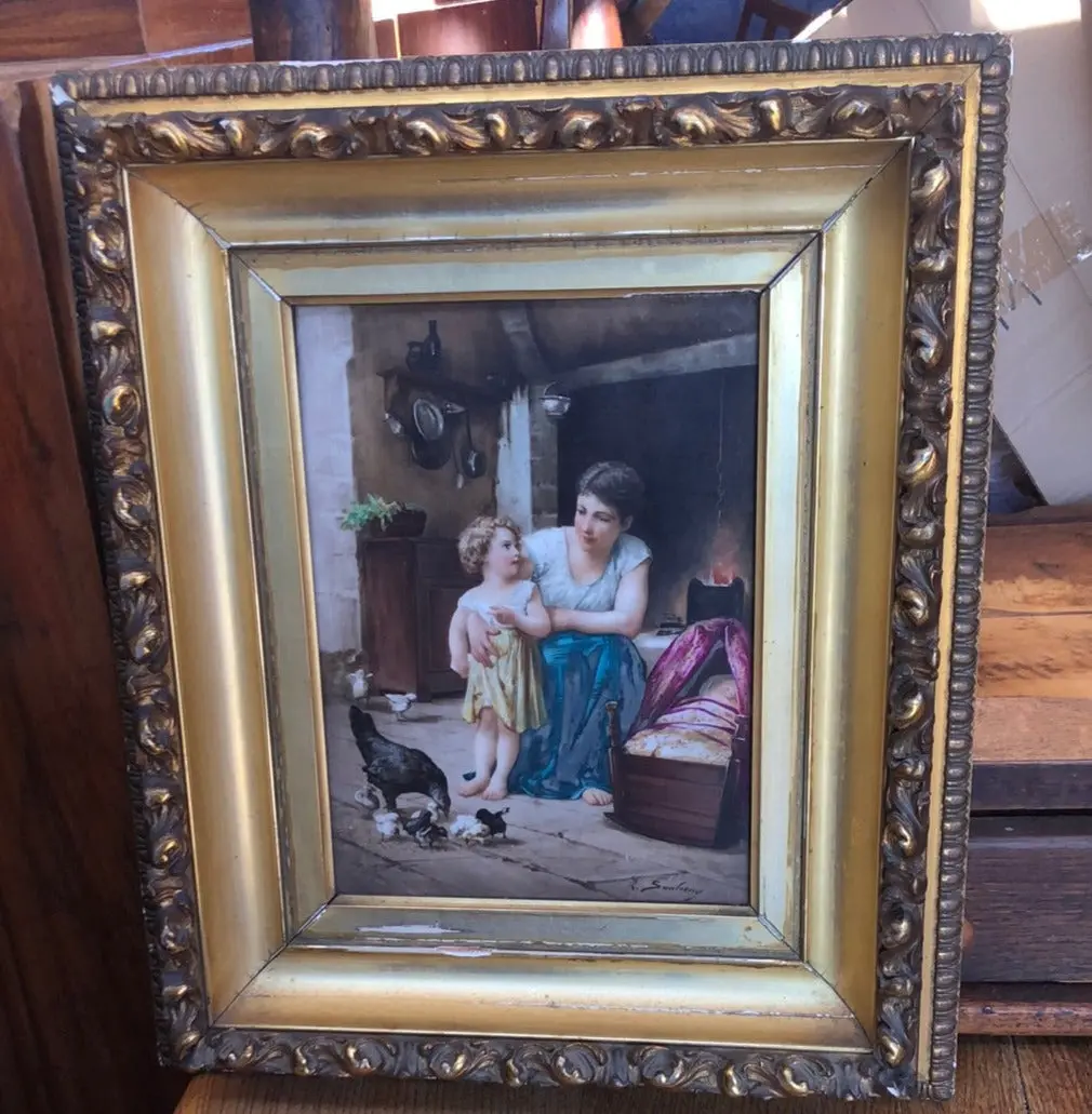 Framed Signed Painting On Porcelain Of Woman And Girl 1