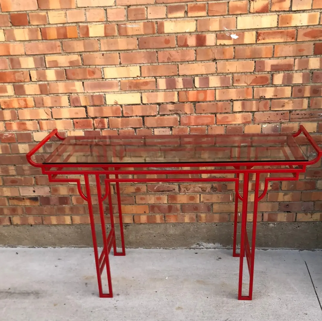 Red Metal Asian Style Console With Glass Top 1