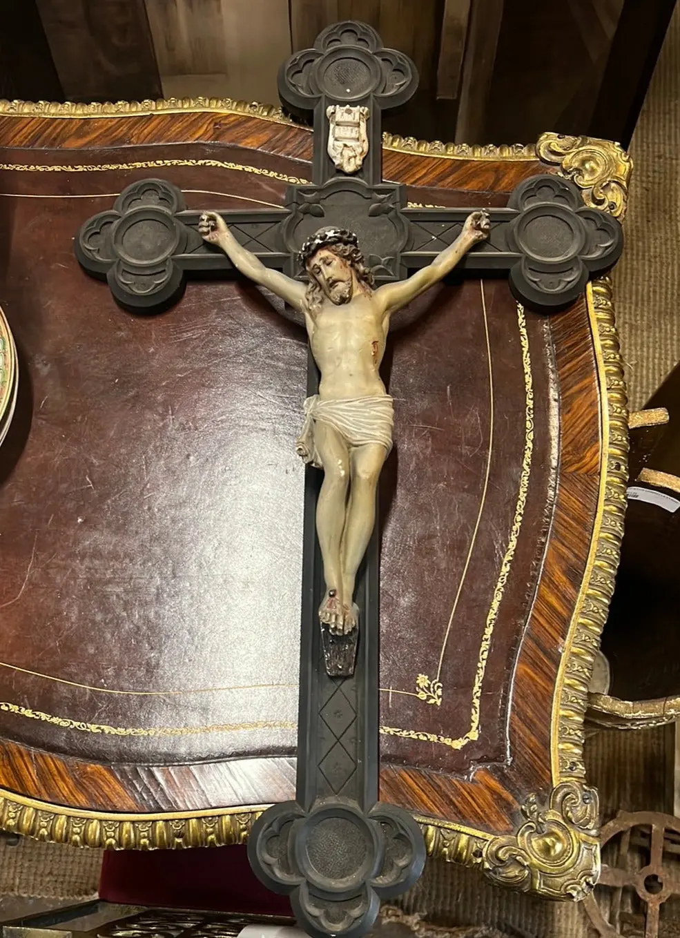 Large Carved Ebonized Wood Wall Crucifix With Chaulk Corpus 1