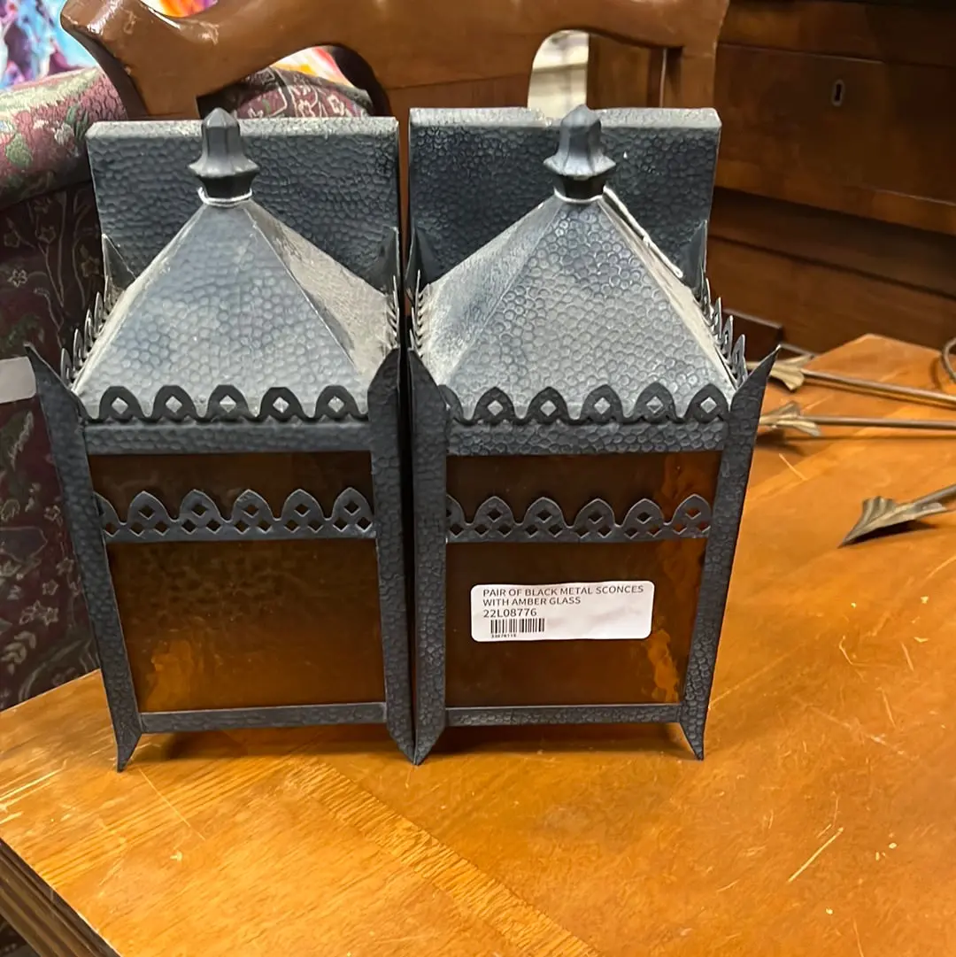 Each 1 Of 2  Of Black Metal Sconces With Amber Glass 1