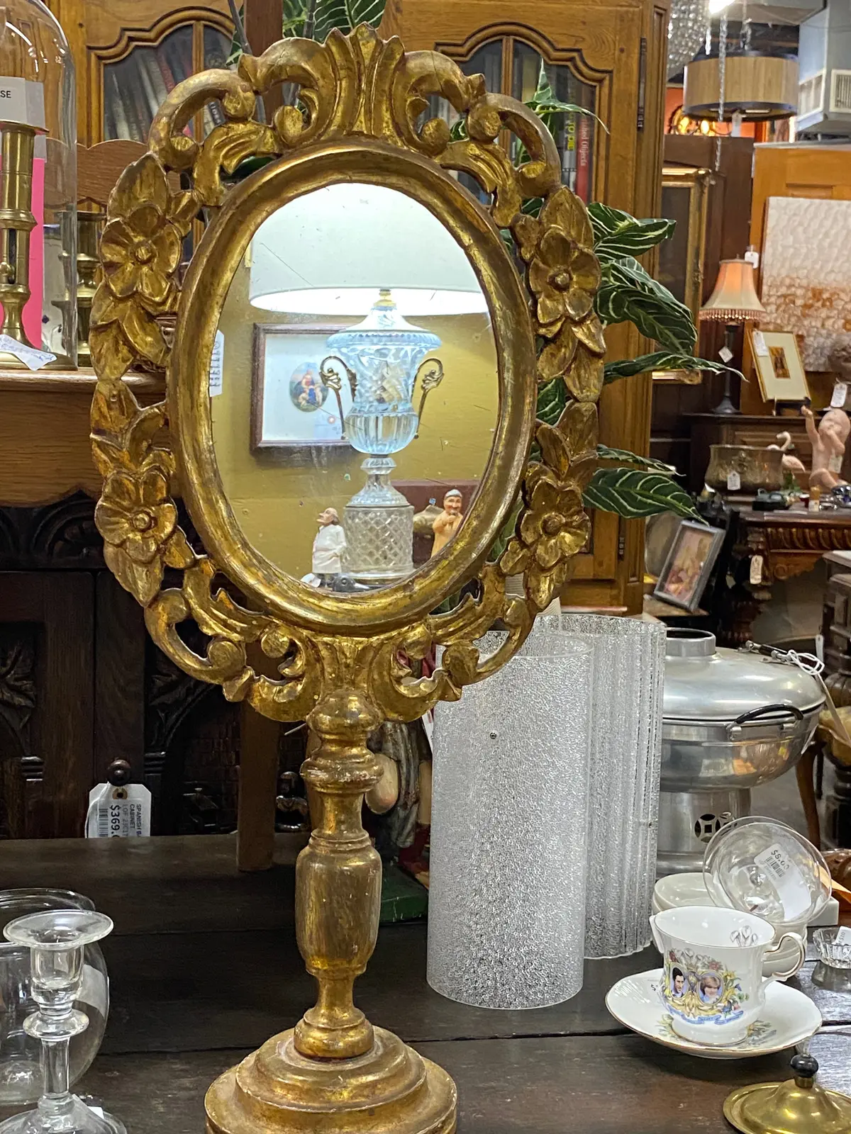 Oval Gilt Table Top Mirror On Wood Stand 1