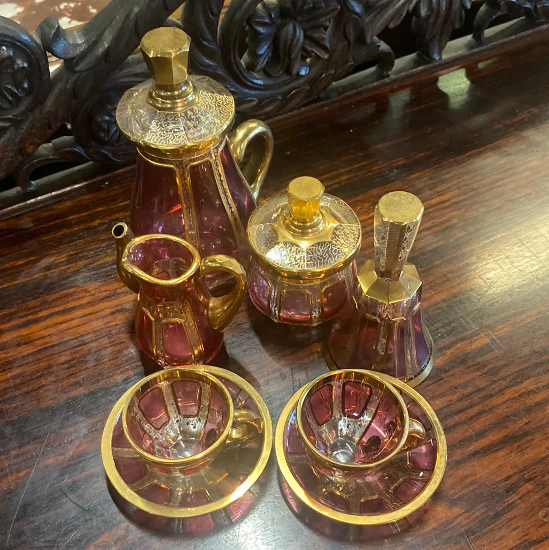 Fancy Ruby And Gilt Vintage Tea Set With Bell 1
