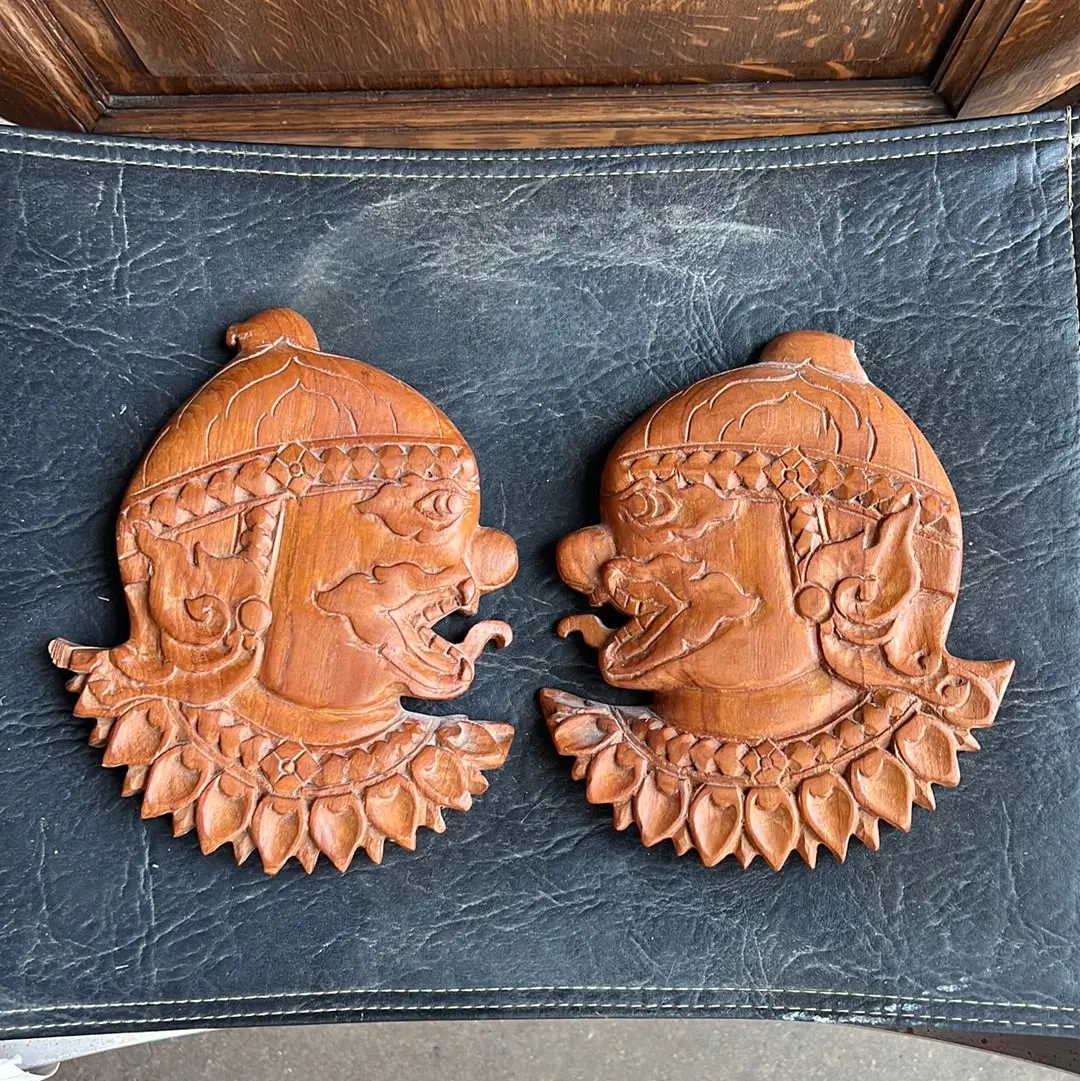 Pair Of Asian Hand Carved Profile Plaques With Tongues Out 1