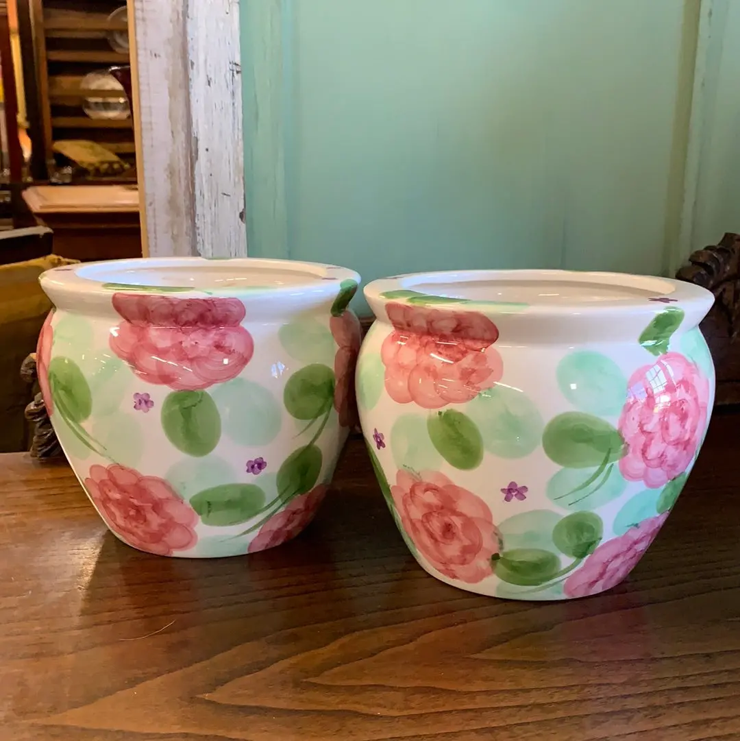 Pair Of Pink And Green Floral Planters 1