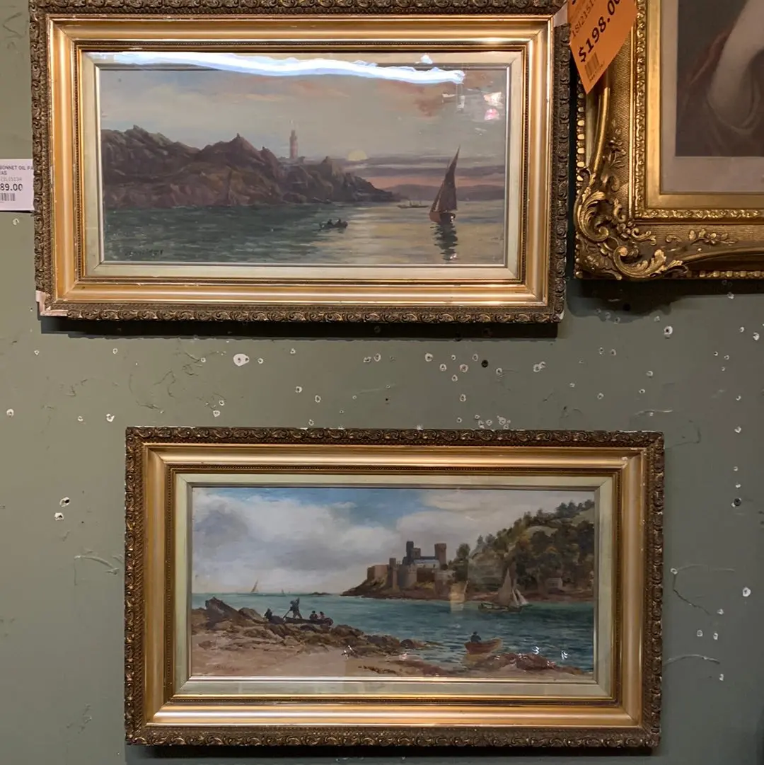 Pair Of Gilt Framed Harbor Paintings On Board 1