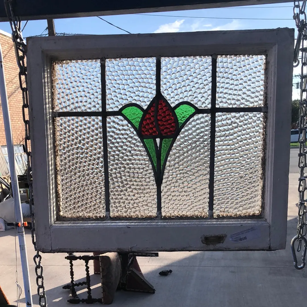 Stained Glass Window With Red Flower And Green Leaves 1