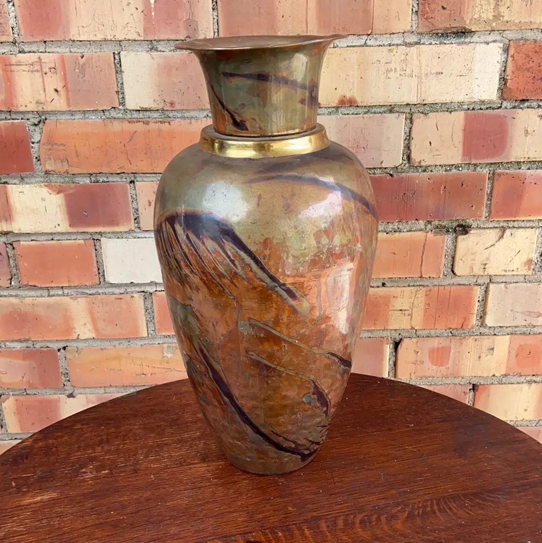 Tall Brass Vase With Patinated Design 1