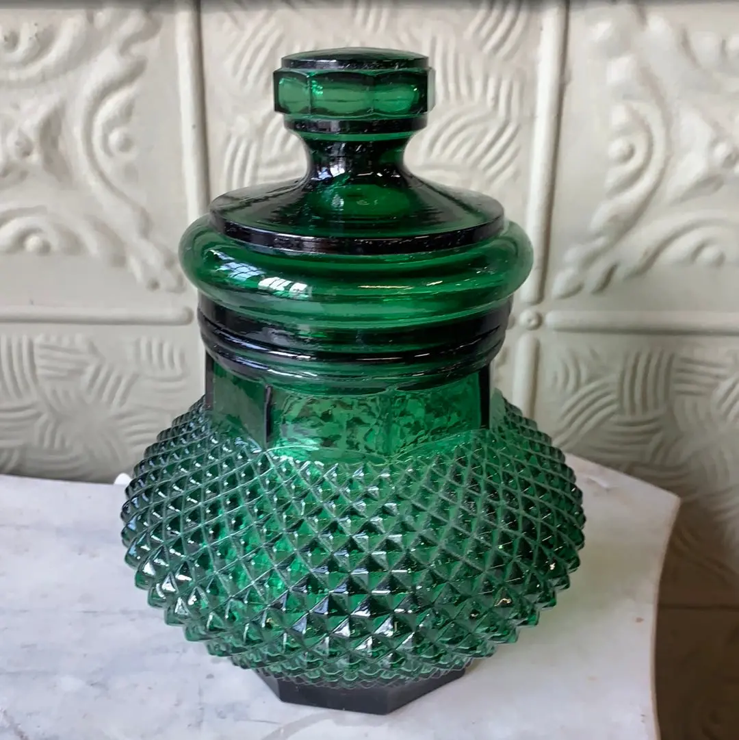 Green Pattern Glass Jar With Lid 1