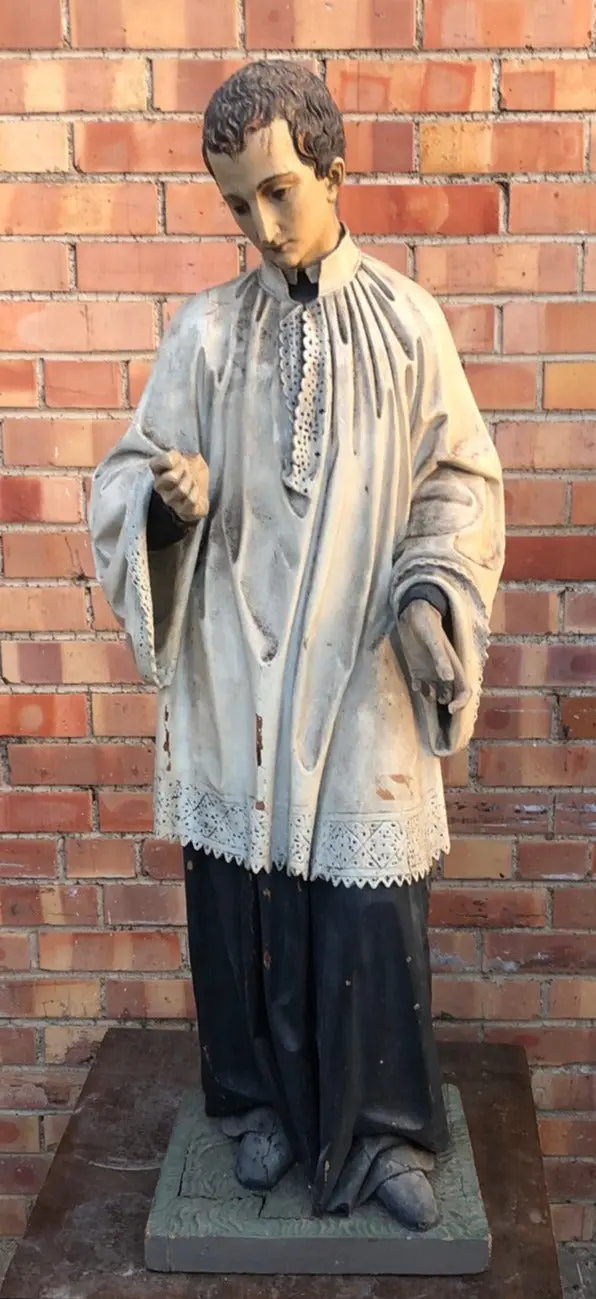 Carved Wood Saint Aloysius Gonzaga Statue On Nice Pedestal 1