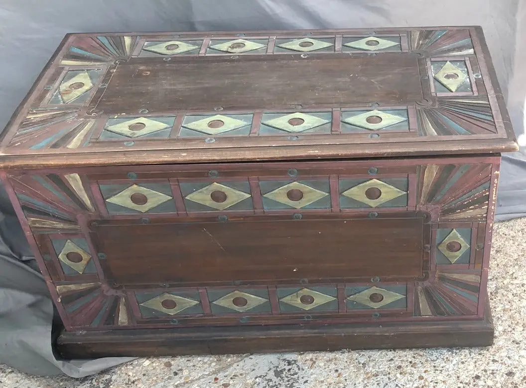 Geometric Carved Rectangular Wood Trunk 1
