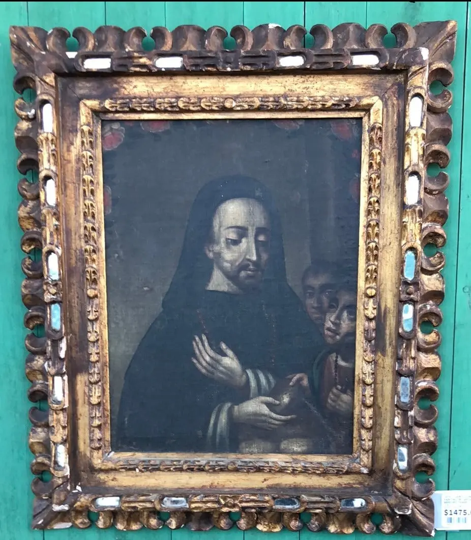 18Th Century Saint Giving Bread To The Poor Oil Painting On Canvas With Gilt Carved And Mirrored Frame 1