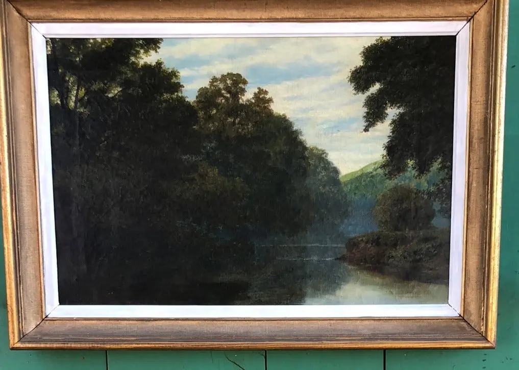 Gold Framed 19Th Century River Landscape Oil Paintng On Canvas 1