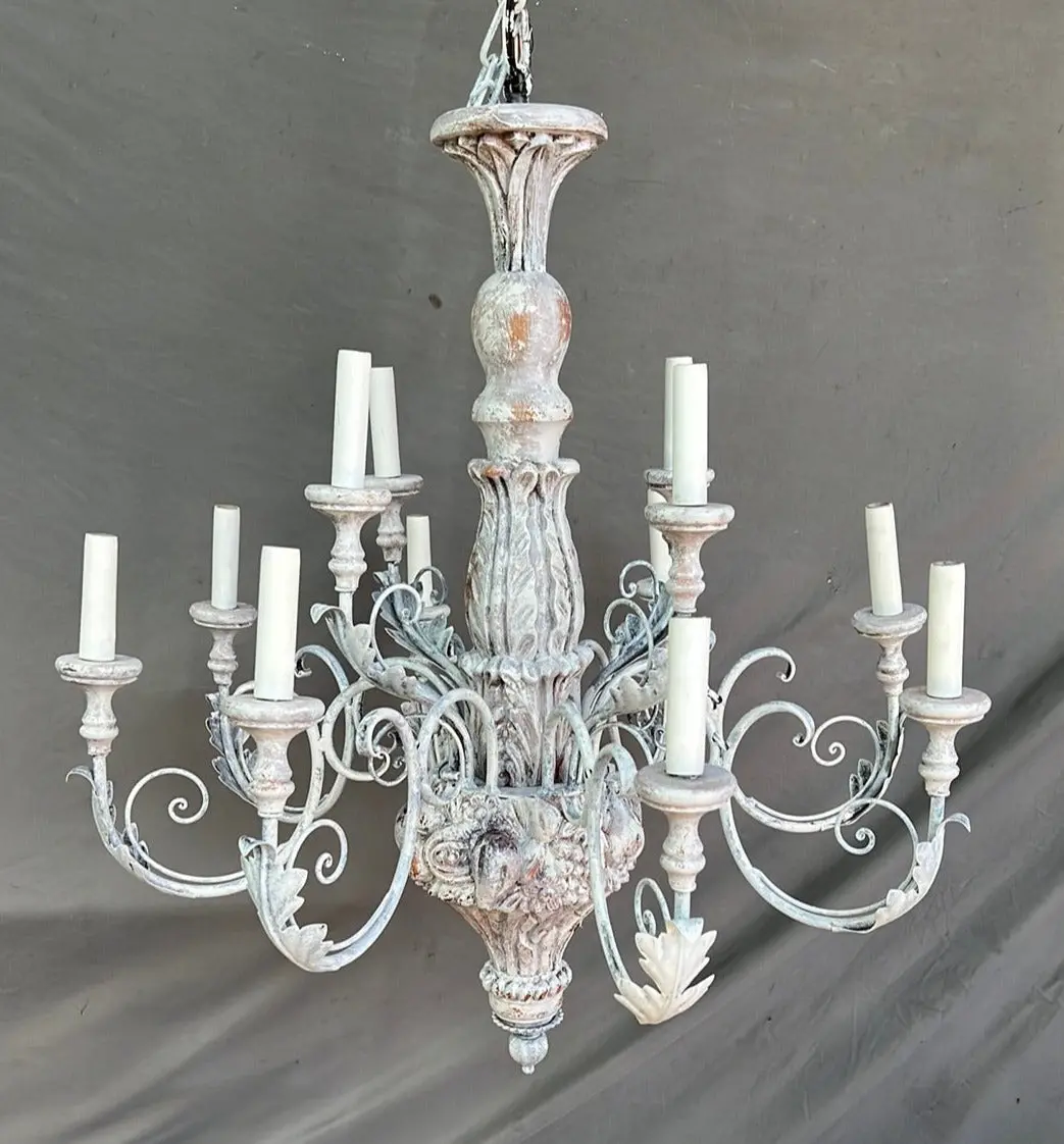 Large 12 Arm Carved Wood And Iron Chandelier 1