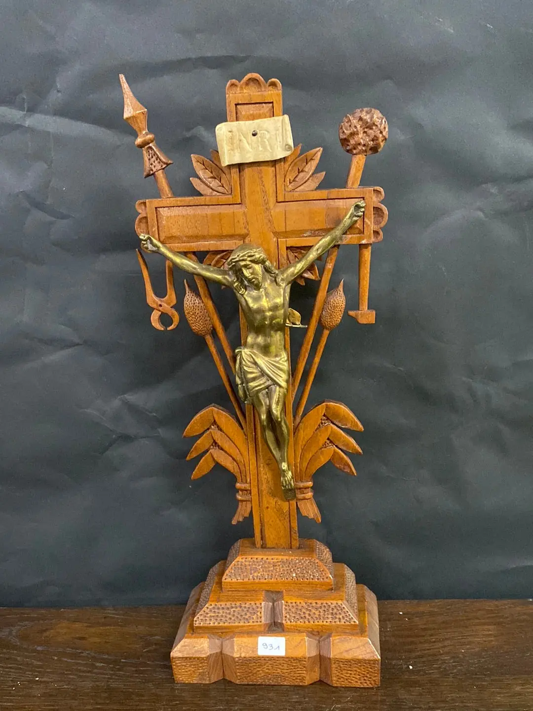 Carved Wood Crucifix With Brass Corpus 1
