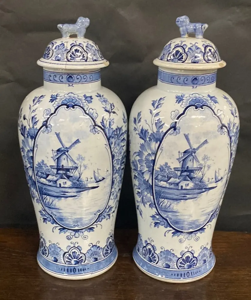 Pair Of Delft Ginger Vases With Windmills (As Found Lids) 1