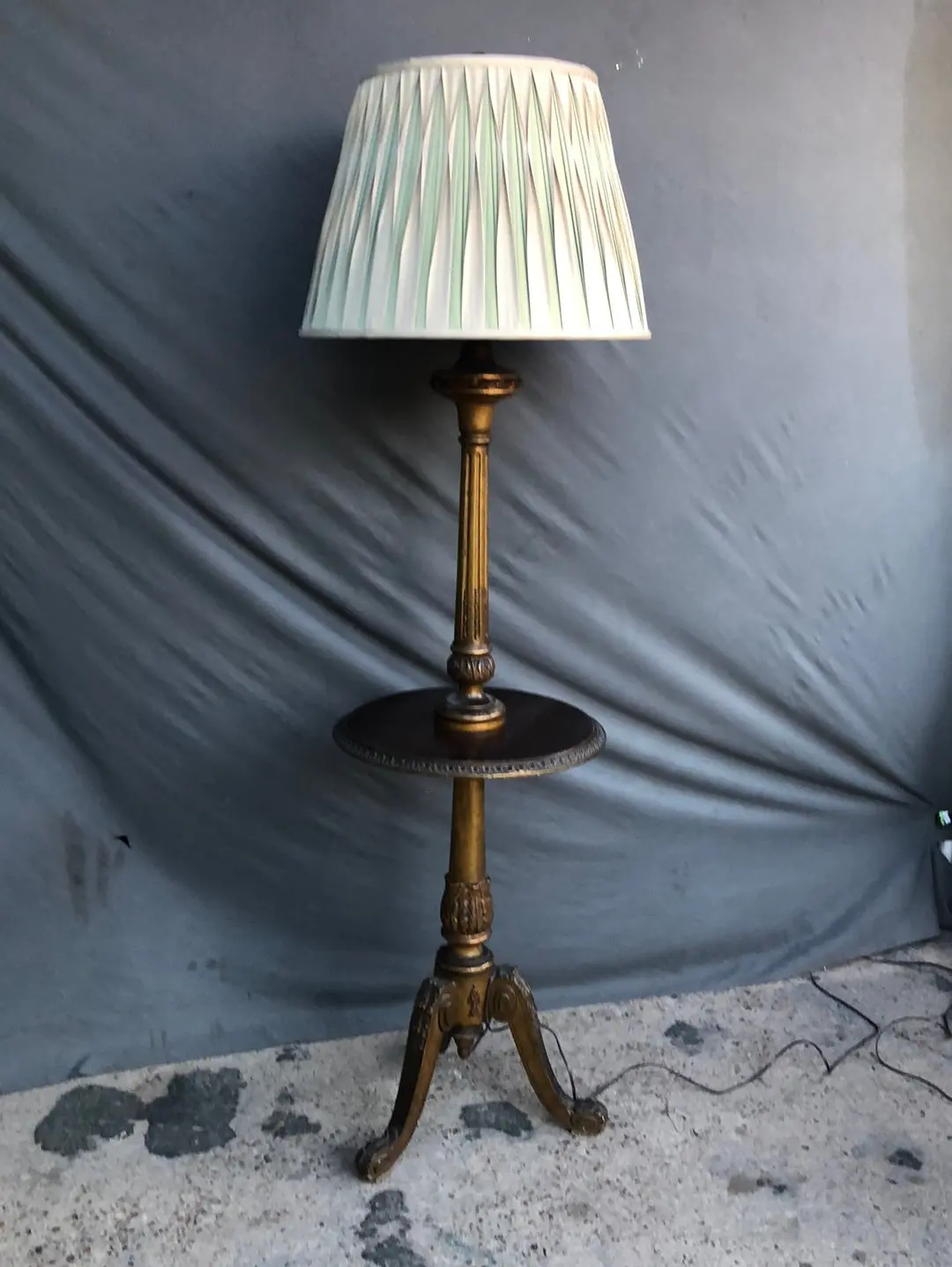 1920'S Gilt Floor Lamp With Table Built In With High End Lamp Shade 1