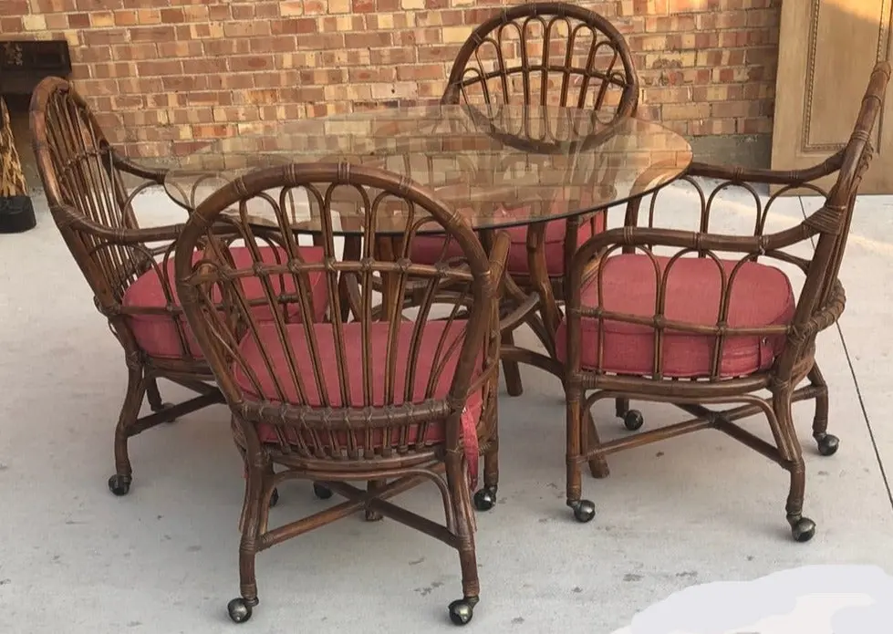 Set Of Glass Top Rattan Table And 4 Matching Chairs On Casters 1