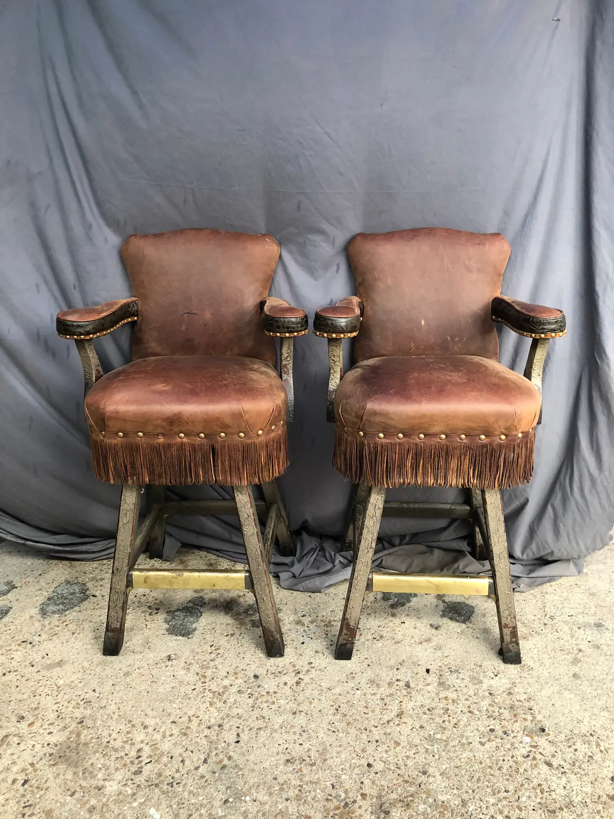 Pair Of Rustic Barstools With Leather Swivel Seats 1