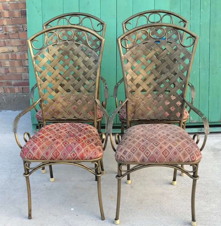 Set Of 4 Olive Color Iron Woven Back Armchairs 1